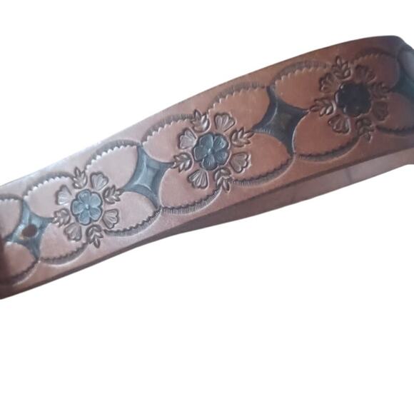 VTG Men's Double J Western Tooled Leather Belt Ornate Tiger's Eye Stone Buckle - Picture 3 of 8